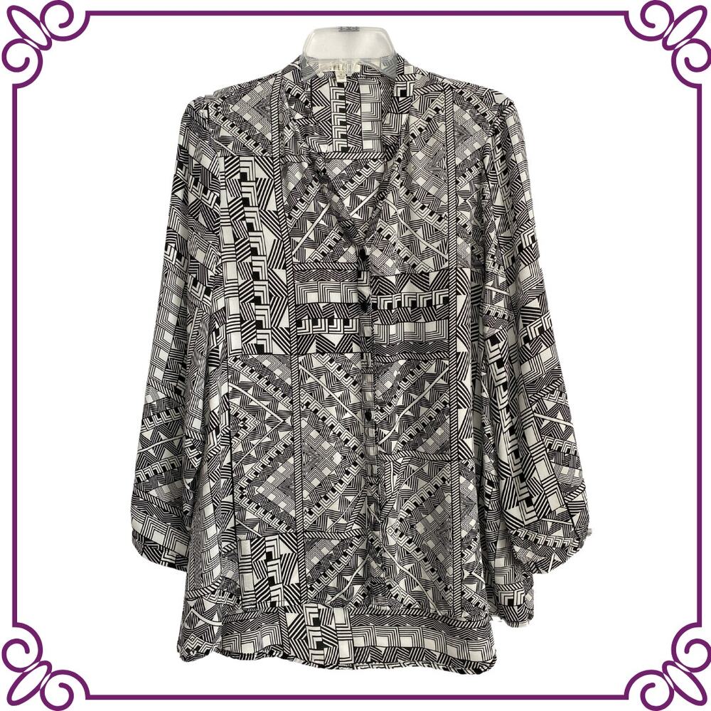 Spense Black & White Geometric Button Front Long Sleeve Blouse Tunic Medium